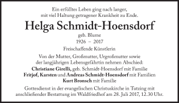 Traueranzeige von Helga Schmidt-Hoensdorf von Süddeutsche Zeitung