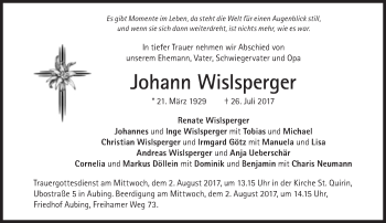 Traueranzeige von Johann Wislsperger von Süddeutsche Zeitung