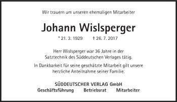 Traueranzeige von Johann Wislsperger von Süddeutsche Zeitung