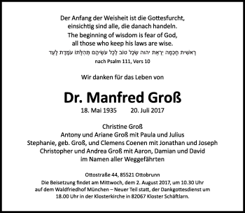 Traueranzeige von Manfred Groß von Süddeutsche Zeitung