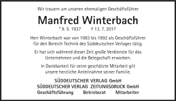 Traueranzeige von Manfred Winterbach von Süddeutsche Zeitung