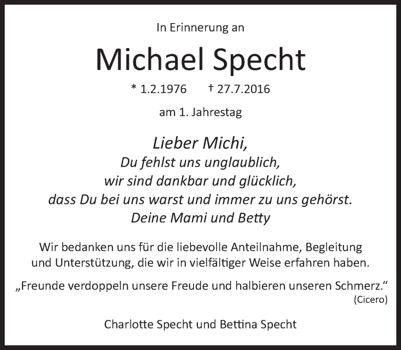  Traueranzeige für Michael Oliver Patrick Specht vom 27.07.2017 aus Süddeutsche Zeitung