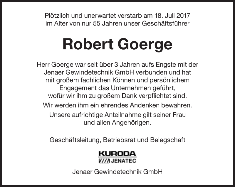  Traueranzeige für Robert Goerge vom 29.07.2017 aus Süddeutsche Zeitung