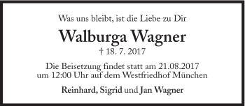 Traueranzeige von Walburga Wagner von Süddeutsche Zeitung