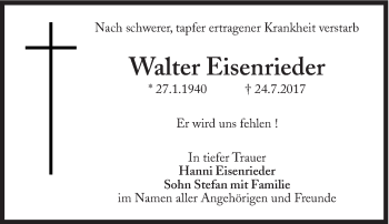 Traueranzeige von Walter Eisenrieder von Süddeutsche Zeitung