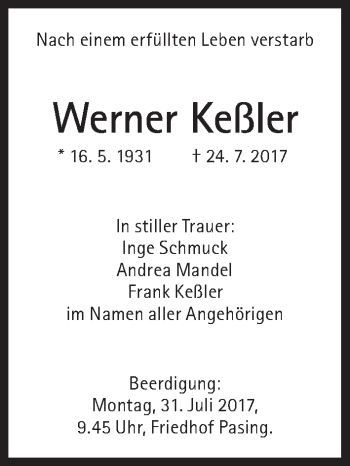 Traueranzeige von Werner Keßler von Süddeutsche Zeitung