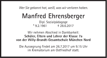 Traueranzeige von Manfred Ehrensberger von Süddeutsche Zeitung