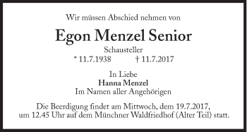 Traueranzeige von Egon Menzel Senior von Süddeutsche Zeitung