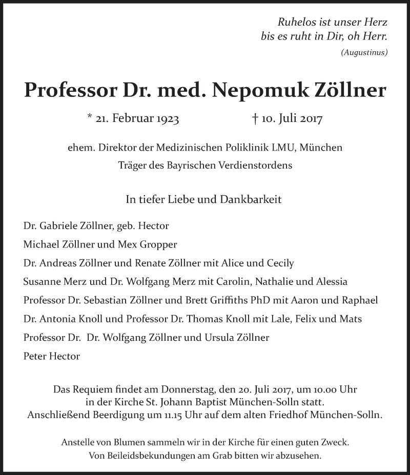  Traueranzeige für Nepomuk Zöllner vom 14.07.2017 aus Süddeutsche Zeitung