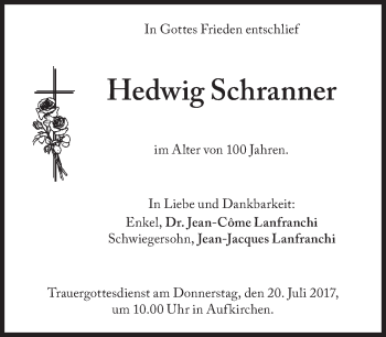 Traueranzeige von Hedwig Schranner von Süddeutsche Zeitung