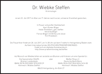 Traueranzeige von Wiebke Steffen von Süddeutsche Zeitung
