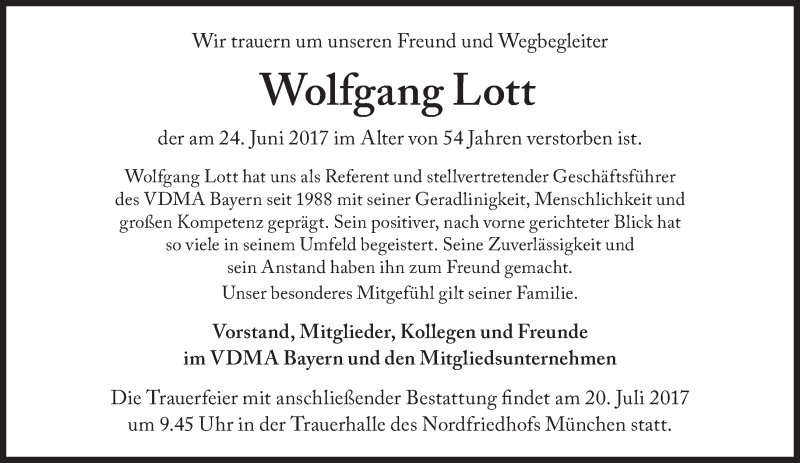  Traueranzeige für Wolfgang Lott vom 03.07.2017 aus Süddeutsche Zeitung