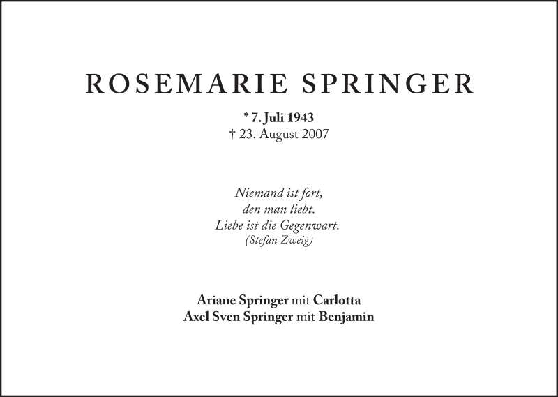  Traueranzeige für Rosemarie Springer vom 07.07.2017 aus Süddeutsche Zeitung
