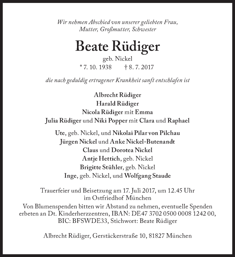  Traueranzeige für Beate Rüdiger vom 12.07.2017 aus Süddeutsche Zeitung