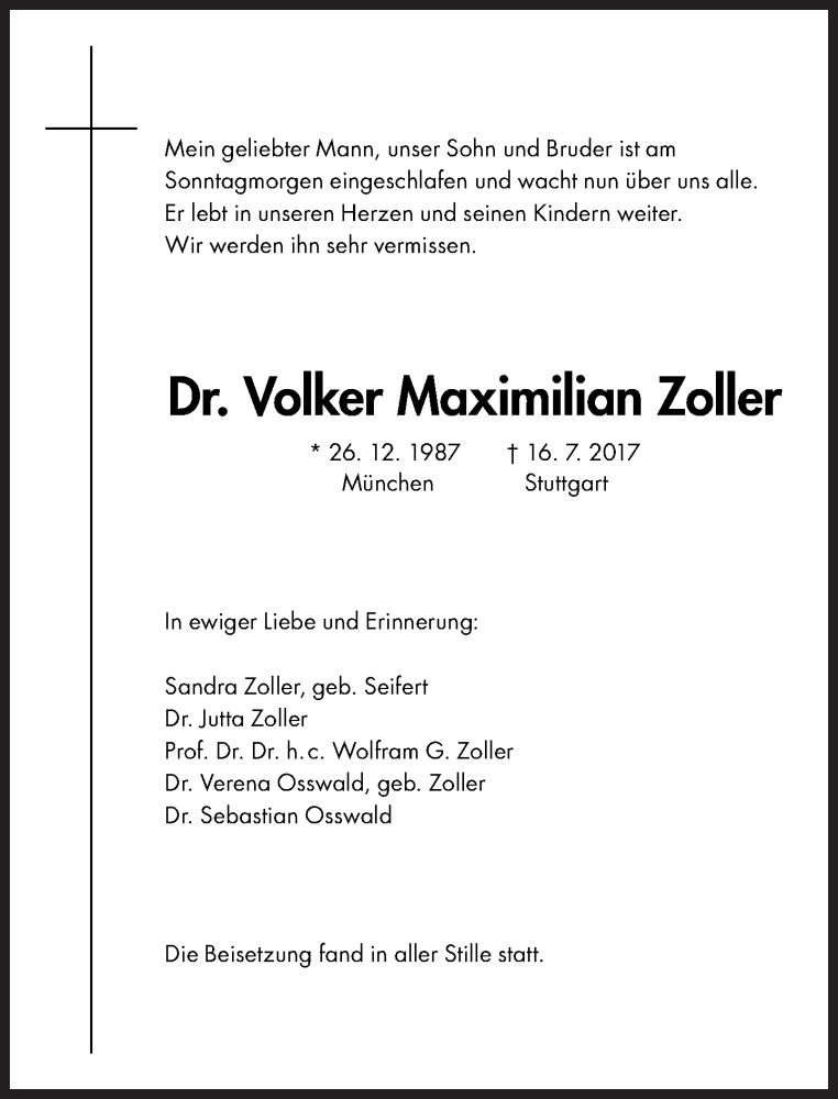  Traueranzeige für Volker Maximilian Zoller  vom 24.07.2017 aus Süddeutsche Zeitung