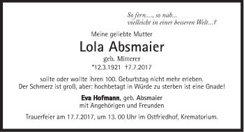 Traueranzeige von Lola Absmaier von Süddeutsche Zeitung