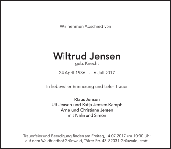 Traueranzeige von Wiltrud Jensen von Süddeutsche Zeitung