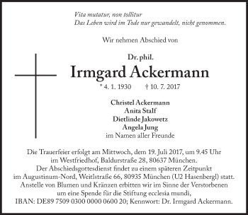 Traueranzeige von Irmgard Ackermann von Süddeutsche Zeitung