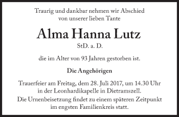 Traueranzeige von Alma Hanna Lutz von Süddeutsche Zeitung