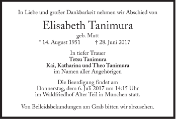Traueranzeige von Elisabeth Tanimura von Süddeutsche Zeitung
