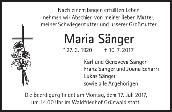 Traueranzeige von Maria Sänger von Süddeutsche Zeitung