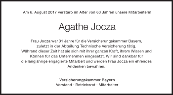 Traueranzeige von Agathe Jocza von Süddeutsche Zeitung