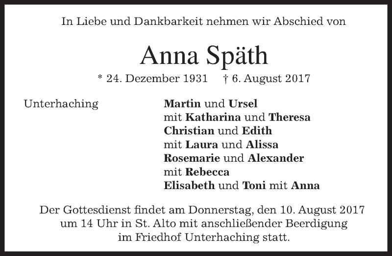  Traueranzeige für Anna Späth vom 09.08.2017 aus Süddeutsche Zeitung
