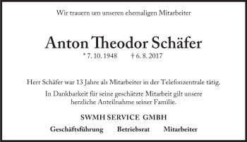 Traueranzeige von Anton Theodor Schäfer  von Süddeutsche Zeitung