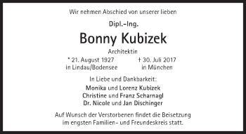 Traueranzeige von Bonny Kubizek von Süddeutsche Zeitung