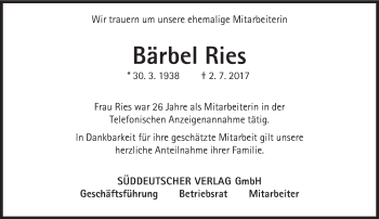 Traueranzeige von Bärbel Ries von Süddeutsche Zeitung