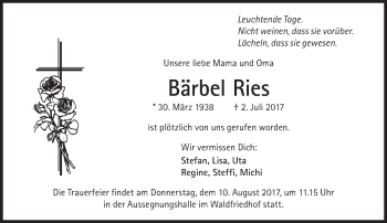 Traueranzeige von Bärbel Ries von Süddeutsche Zeitung