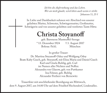 Traueranzeige von Christa Stoyanoff von Süddeutsche Zeitung