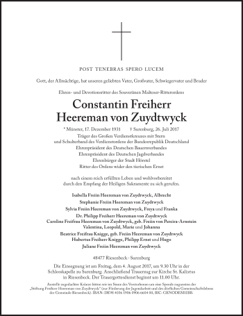 Traueranzeige von Constantin Freiherr Heeremann von Zuydtwyck von Süddeutsche Zeitung