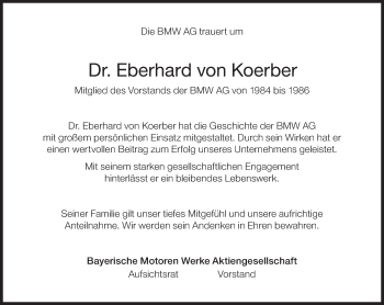 Traueranzeige von Eberhard  von Koerber von Süddeutsche Zeitung