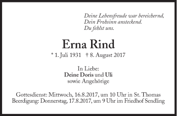Traueranzeige von Erna Rind von Süddeutsche Zeitung