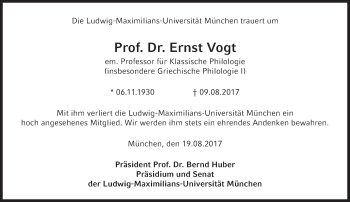 Traueranzeige von Ernst Vogt von Süddeutsche Zeitung