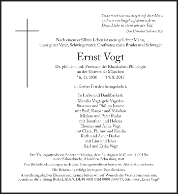 Traueranzeige von Ernst Vogt von Süddeutsche Zeitung