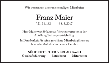 Traueranzeige von Franz Maier von Süddeutsche Zeitung