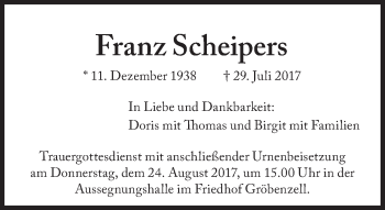 Traueranzeige von Franz Scheipers von Süddeutsche Zeitung