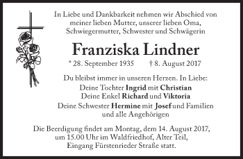 Traueranzeige von Franziska Lindner von Süddeutsche Zeitung