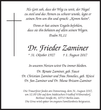 Traueranzeige von Frieder Zaminer von Süddeutsche Zeitung