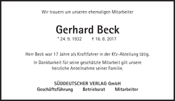Traueranzeige von Gerhard Beck von Süddeutsche Zeitung