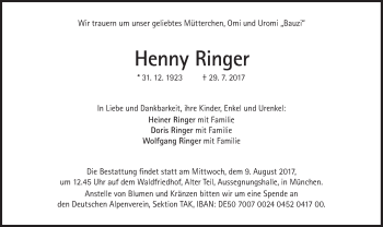 Traueranzeige von Henny Ringer von Süddeutsche Zeitung