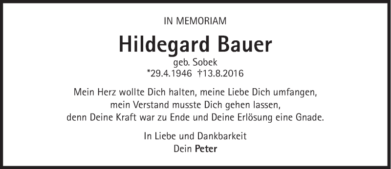  Traueranzeige für Hildegard Bauer vom 12.08.2017 aus Süddeutsche Zeitung
