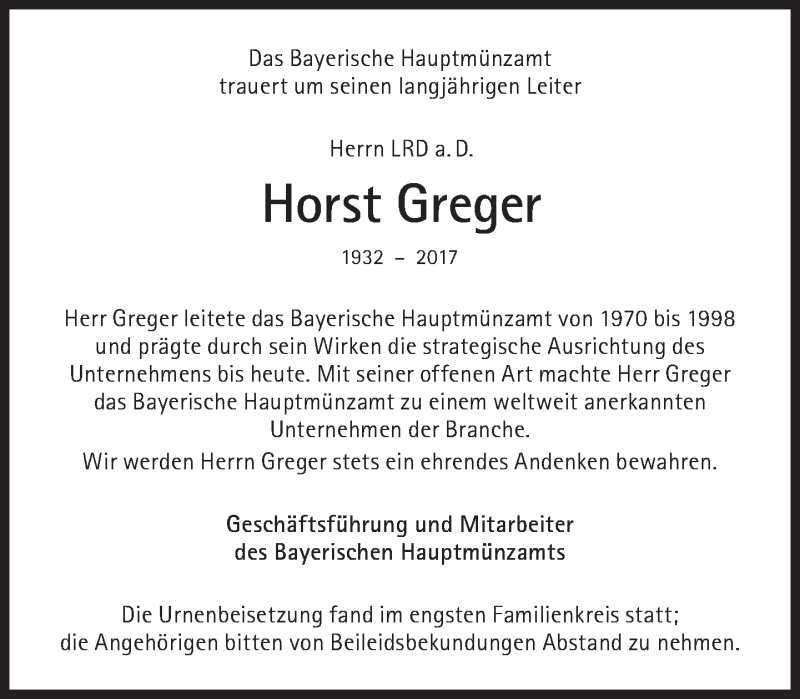  Traueranzeige für Horst Greger vom 05.08.2017 aus Süddeutsche Zeitung
