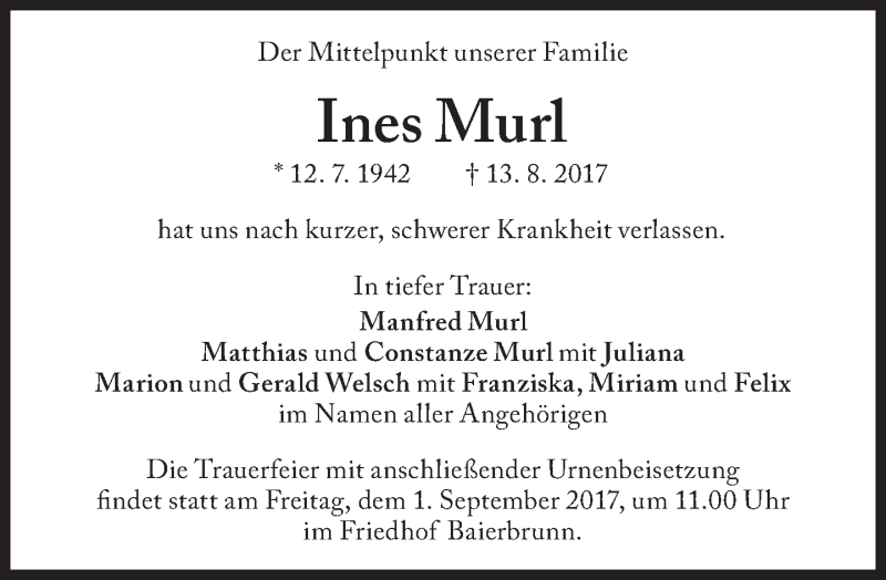  Traueranzeige für Ines Murl vom 29.08.2017 aus Süddeutsche Zeitung