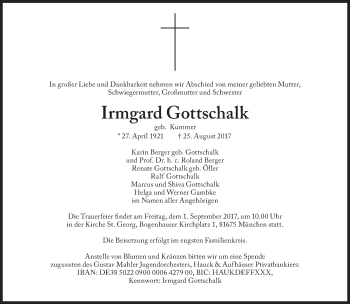 Traueranzeige von Irmgard Gottschalk von Süddeutsche Zeitung