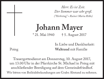 Traueranzeige von Johann Mayer von Süddeutsche Zeitung