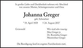 Traueranzeige von Johanna Greger von Süddeutsche Zeitung