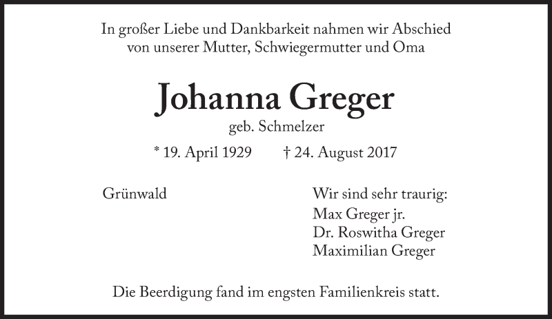  Traueranzeige für Johanna Greger vom 30.08.2017 aus Süddeutsche Zeitung